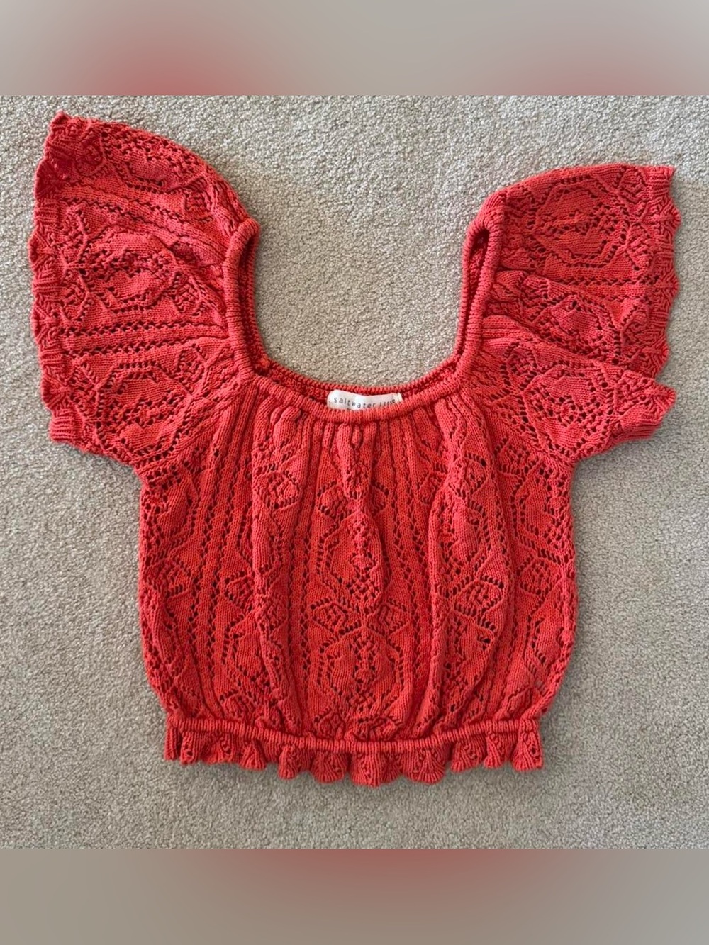 saltwater LUXE Coral Red Crochet Puff-Sleeve Crop Top